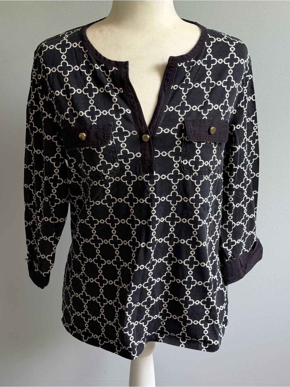 Charter Club Pima Cotton Split Neck Quarter Sleeve Top Women’s Size Large